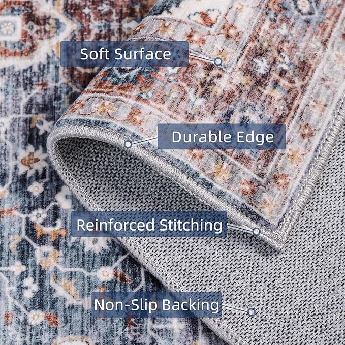 2x3 Washable Boho Rug Small Area Rugs for Entryway Bedroom Bathroom Kitchen Lliving Room, Soft Flower Rugs Low Pile Non-Slip Rubber Backing(Border Brown/Navy Blue)