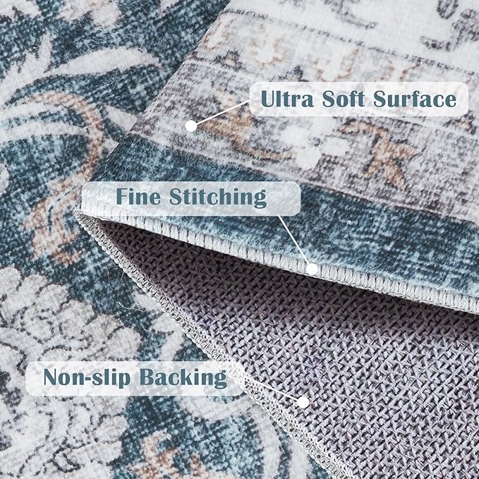 jinchan Floral 8x10 Area Rugs for Living Room Machine Washable Vintage Distressed Boho Design Throw Rug Stain Resistant Carpet Low-Pile Thin Non-Slip for Bedroom Dining Room Nursery (8‘x10',Dark Blue)