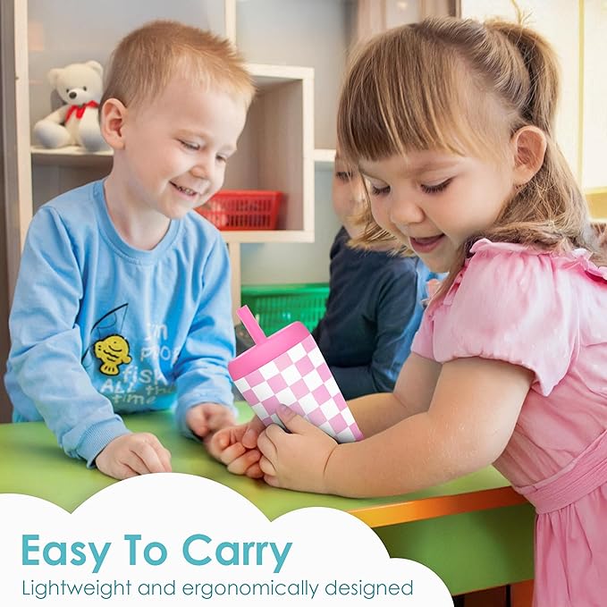 Kid Insulated Stainless Steel Tumbler with Silicone Straw, 12oz Sippy Cup for Kids (Pink Checkerboard)