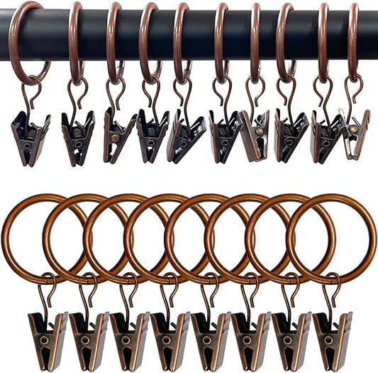 100 Pack Antique Copper Curtain Rings with Clips, Curtain Hooks Hangers Clip Rings for Hanging Drapes Bows Hat, Drapery Rings 1 in I D, Fits up to 5/8 in Diameter Curtain Rod.