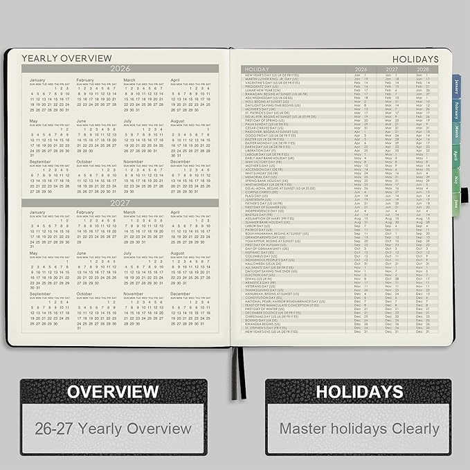 2026 Planner - JAN 2026 - DEC 2026, Planner Weekly and Monthly, Calendar Planner, 8.5" x 11", Leather Cover Planner with Thick Paper, Back Pocket with Notes Pages, Black
