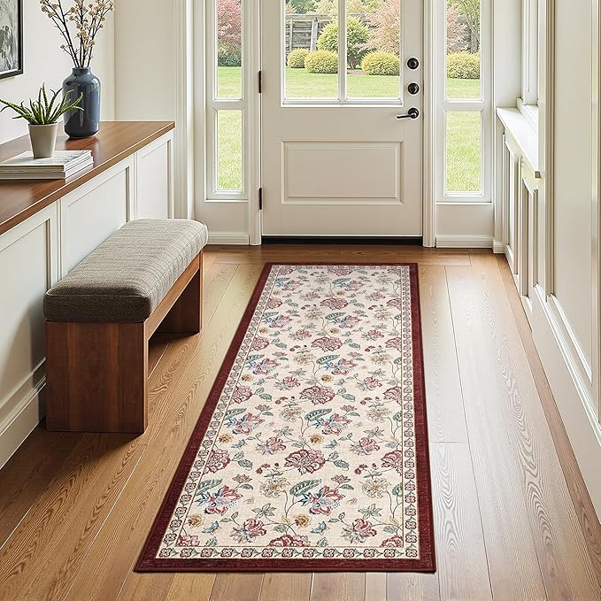 jinchan 2x5 Floral Runner Rug for Hallway Washable Kitchen Runner Vintage Romance Design Non Slip Thin Indoor Floor Cover Low-Profile Throw Carpet for Entryway Bathroom Bedroom Porch, Red/Beige