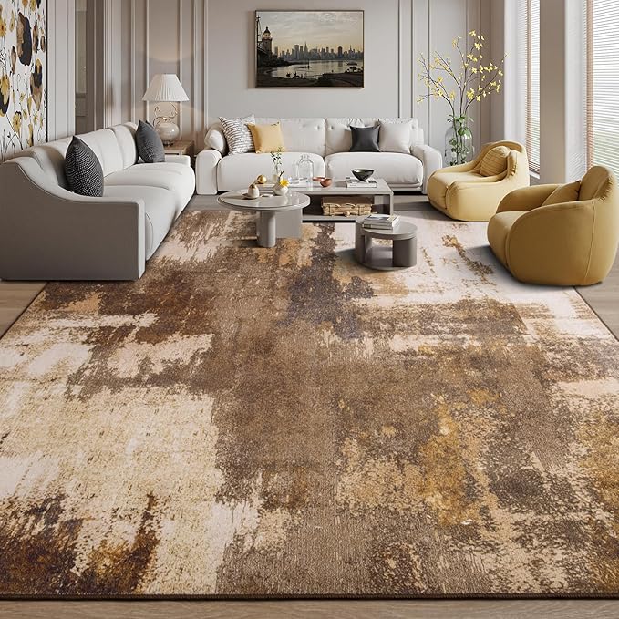 Kelarea Living Room Rug, 9x12 Rug Modern Abstract Washable Rugs, Brown Vintage Low Pile Carpet, Non Slip Large Rugs for Bedroom, Dining Room, College Dorm, Home Office