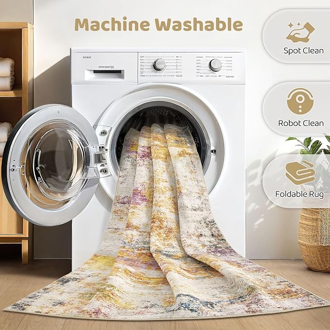 10X12 Area Rugs Living Room: Washable Large Abstract Modern Soft Stain Resistant Indoor Floor Rugs Non Slip Accent Carpet for Bedroom Nursery Playroom Office Dining Room Dorm Home House- Gold Colorful