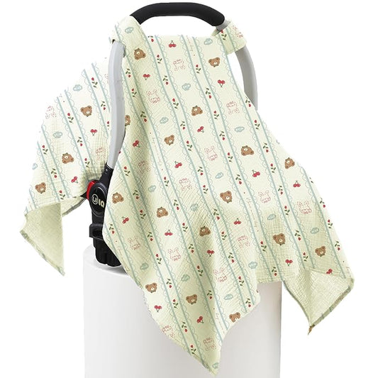 100% Muslin Cotton Car Seat Cover Baby, Carseat Canopy Cover, Universal Fit Stroller Covers for Boys and Girls (Nice Day)