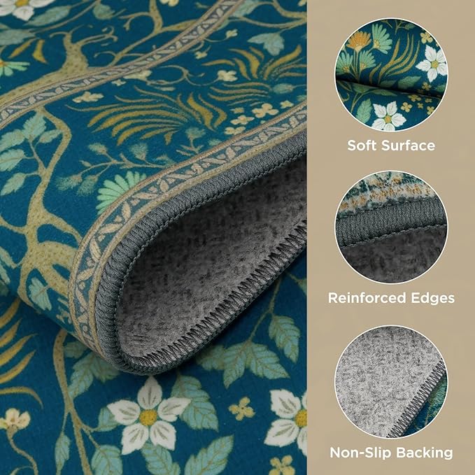 Joydeco Washable Area Rugs 5x7, Boho Floral Dining Room Rug Non Slip, Soft Low-Pile Botanical Forest Indoor Floor Throw Carpet for Living Home Office Playroom Foyer, Dark Blue