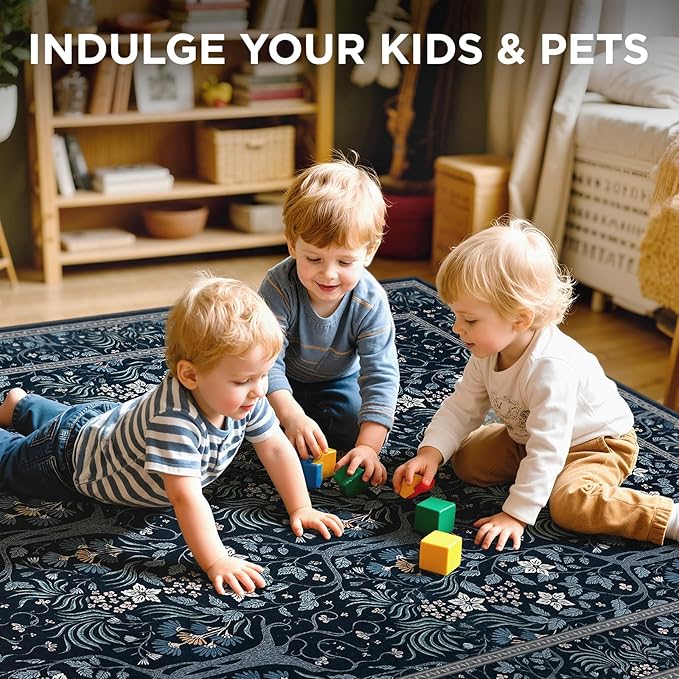 Joydeco Machine Washable Area Rugs 5x7, Boho Floral Rug for Bedroom Non Slip, Soft Forest Botanical Low-Pile Floor Indoor Throw Carpet for Living Dining Room Dorm Office, Blue-Black