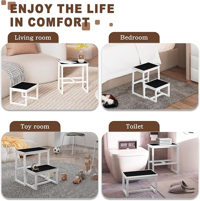 2 Step Stools for Adults Kids, Anti-Slip Sturdy Wooden Foot Stools with 500 Lbs Capacity for High Beds,Closet, Bathroom,Kitchen, Potty Training