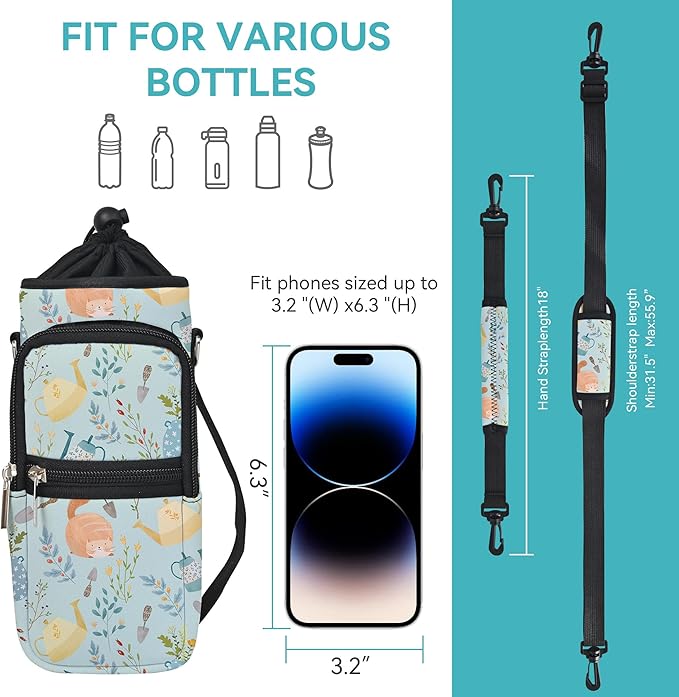 25/32/40/64oz Water Bottle Bag Holder Carrier-Insulated Crossbody Sling Case Sleeve with Strap & Pockets for Men Women Gym Cycling Travel Walking Hiking Camping