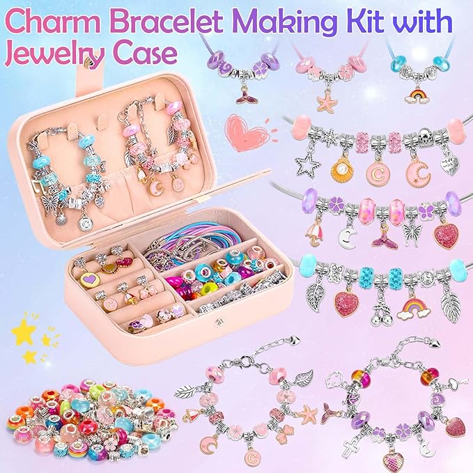 140 PCS Charm Bracelet Making Kit for Girls Age 8-12 Charm Beads for Kids Jewelry Making DIY Bracelet Craft Kit for Girls Valentine Christmas Birthday Gifts with Portable Bracelet Box