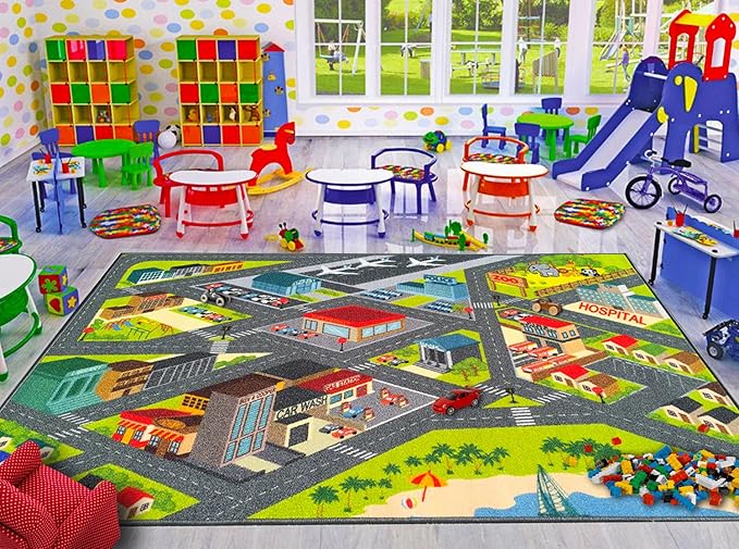 KC Cubs 8x10 City Streets Car Road Rug – Educational Non-Slip Play Mat for Kids, Toddlers, Nursery, Classroom, Playroom, Baby Daycare, Boy Girl Carpet