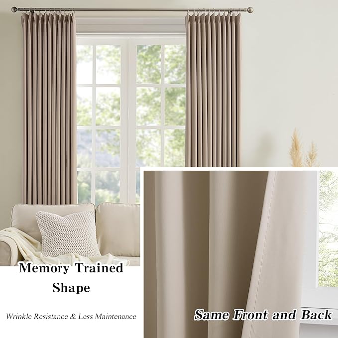 KEQIAOSUOCAI Pinch Pleated Window Curtain Panels 138 Inches Long Light Blocking Solid Ceiling Floor Pleated Curtains Hooks Track Privacy Memory Shape Drape for Living Room,Khaki,40x138, Set of 2