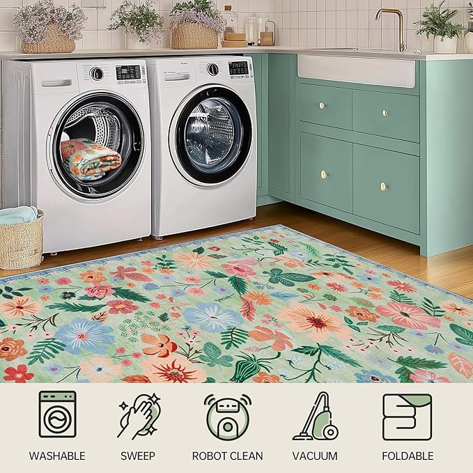 3x5 Rug for Living Room Washable Non Slip with Rubber Backing Soft Faux Fur Low Pile Stain Resistant Small Area Rug 3x5 Boho Vintage Floral Carpet Rug for Bedroom Kitchen Entrance，Green