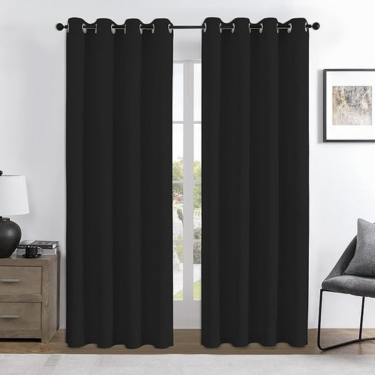 Joydeco 100% Blackout Curtains 96 Inches Long 2 Panels Set, Thermal Insulated Long Curtains& Drapes 2 Burg, Room Darkening Drapes for Bedroom Living Room Window (Black, W52 x L96 Inch)