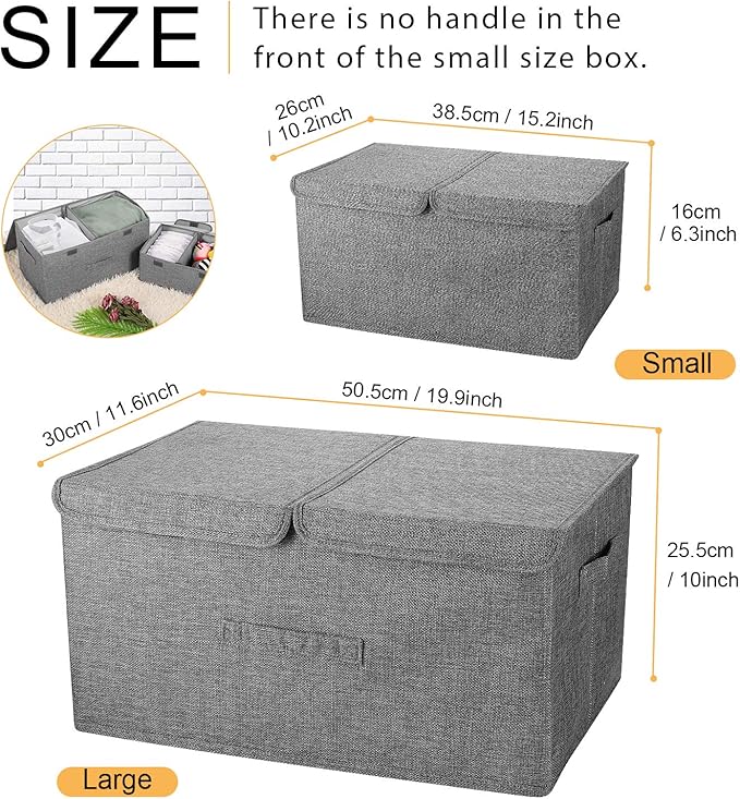2 Pack Large Storage Boxes with Lids and Handles, Collapsible Linen Storage Bins Organizer Containers Baskets Cube with Removable Divider for Home Bedroom Closet Office (Cream, Small)