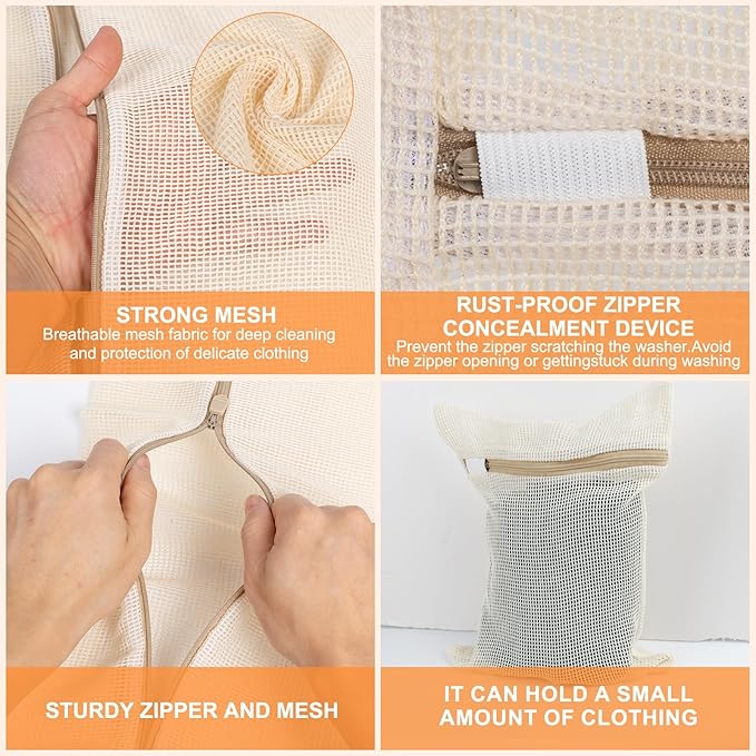 4 Piece Small, Durable Organic Cotton Mesh Laundry Bag with Strong Zipper and Breathable Mesh, Delicate Laundry Bag for Underwear, Clothes, Pants and Socks