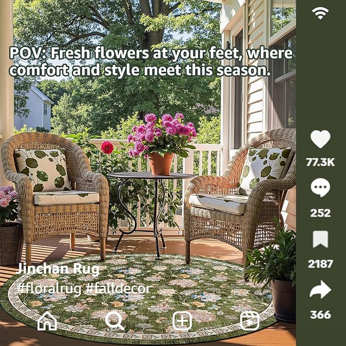 jinchan 5ft Floral Round Rug for Entryway Washable Kitchen Rug Vintage Romance Design Non Slip Indoor Doormat Lightweight Low-Profile Throw Carpet for Living Room Dining Room Bedroom, Green