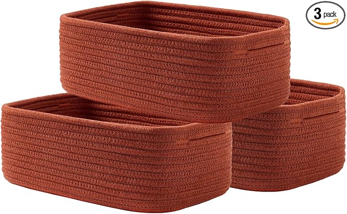 KALLAX Small Woven Basket, 12 x 8 x 4.5 Inches, Storage Basket for Organizing, Cute Small Rope Shelf Closet Cube Storage Bins Baskets for Shelves, Dog Toy Gift Baskets Empty, 3 Pack Rust Red