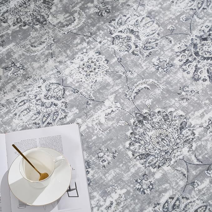 jinchan Round Rug 4ft Area Rug - Indoor Vintage Hallway Circle 4' Washable - Ultra-Thin Low Pile Soft Small Non Slip Distressed Floral Print for Living Room Dining Room Bedroom Entryway Grey