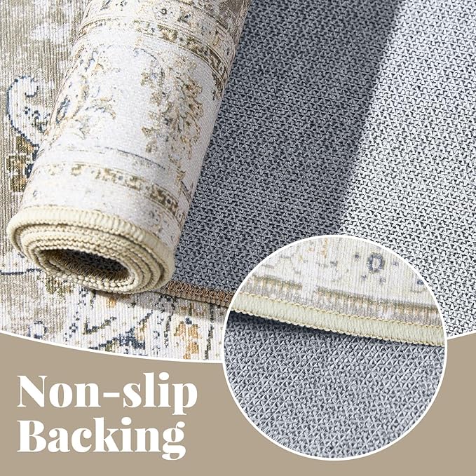 jinchan Hallway Runner Rug 3x7 Machine Washable Runner Rug Taupe Vintage Floral Design Non-Slip Low Pile Ultra-Thin for Kitchen Laundry Room Bedroom Farmhouse (3‘x7',Taupe)