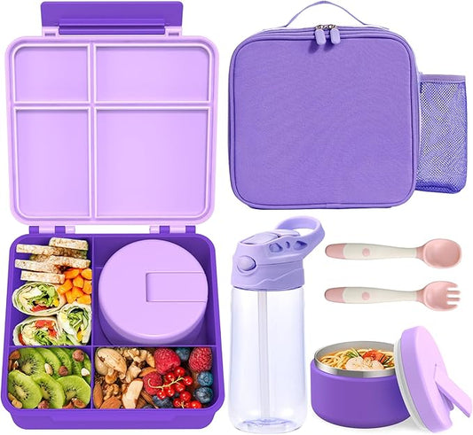 Kids Bento Lunch Box with 8oz Soup Thermo, Water Bottle, Kids Leakproof Lunch Food Containers with 4 Compartment, Insulated Hot Food Jar with Lunch Bag for School, Trvael (Purple)
