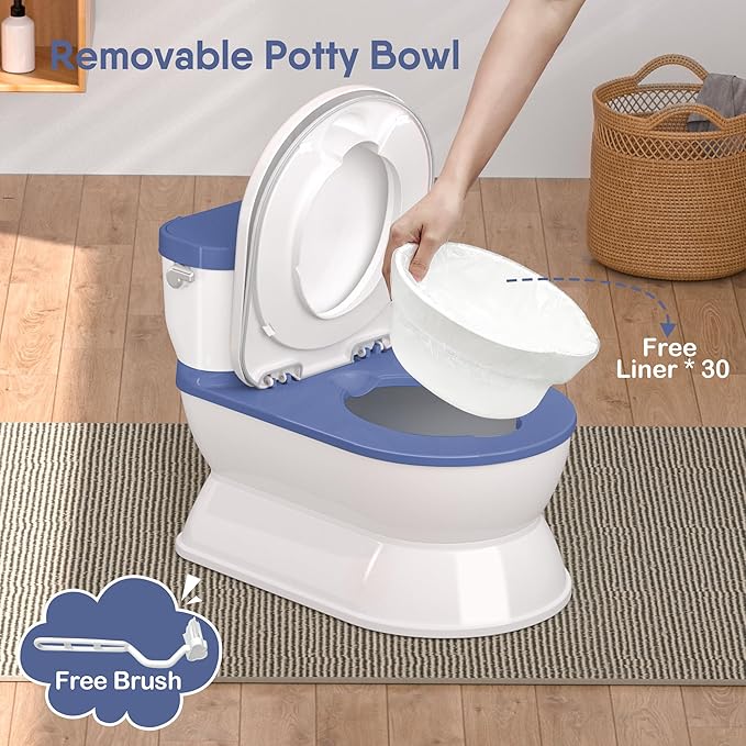 2-in-1 Toddler Potty Training Toilet - Larger Potty Chair & Detachable Training Seat for Boys & Girls Ages 1-3 with Flushing Sound, Wipes Storage, Toilet Paper Holder - Blue
