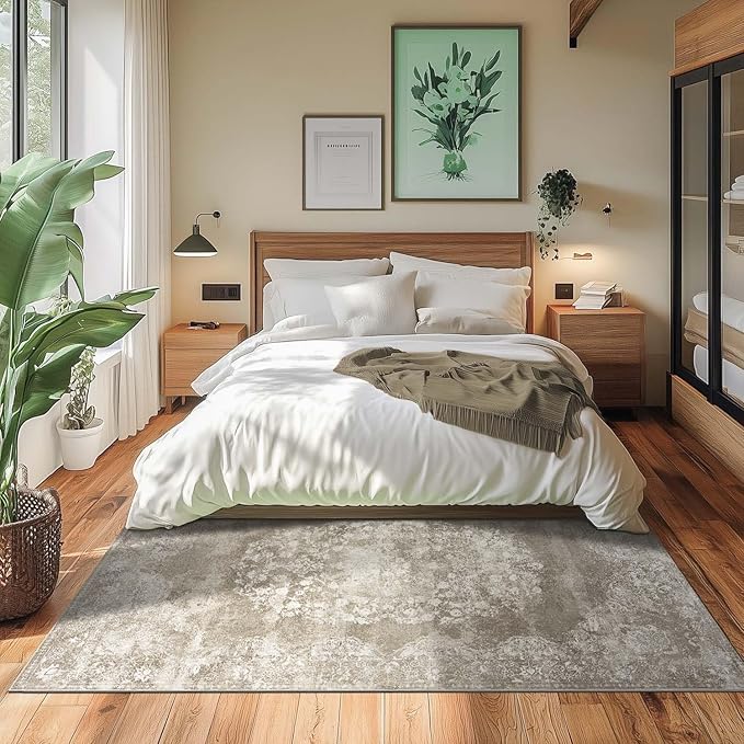 jinchan Vintage Floral 4x6 Area Rugs - Machine Washable Distressed Design Soft Ultra-Thin Low-Pile Non-Slip Carpet for Entryway Kitchen Bedroom Nursery Living Room Dining Room (4x6ft,Brown)