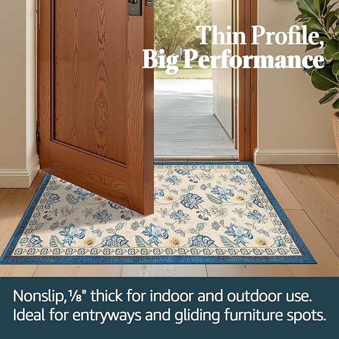 jinchan 3x5 Floral Rug for Entryway Washable Kitchen Rug Vintage Romance Design Small Mat Non Slip Indoor Doormat Lightweight Low-Profile Throw Carpet for Entrance Bathroom Laundry Room, Blue/Beige