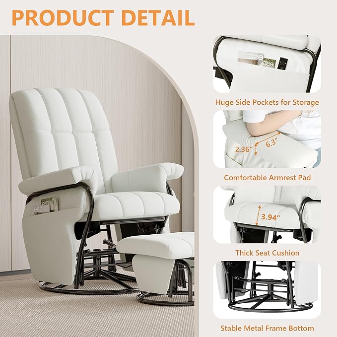 JIASTING 360° Swivel Leather Recliner Chair with Ottoman & Double Side Pockets, Nursing Glider Rocking Recliner Chair, Gliding Chairs for Nursery, Living Room, Office, Bedroom, Metal Frame (White)