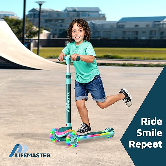 3-Wheel Kids Scooter with Multi-Color Lights on Deck & Wheels – 5-Height Adjustable Handlebar, Wide Anti-Slip Deck, Child Safety Certified, Boys & Girls Ages 3+ Supports Up to 150 lbs