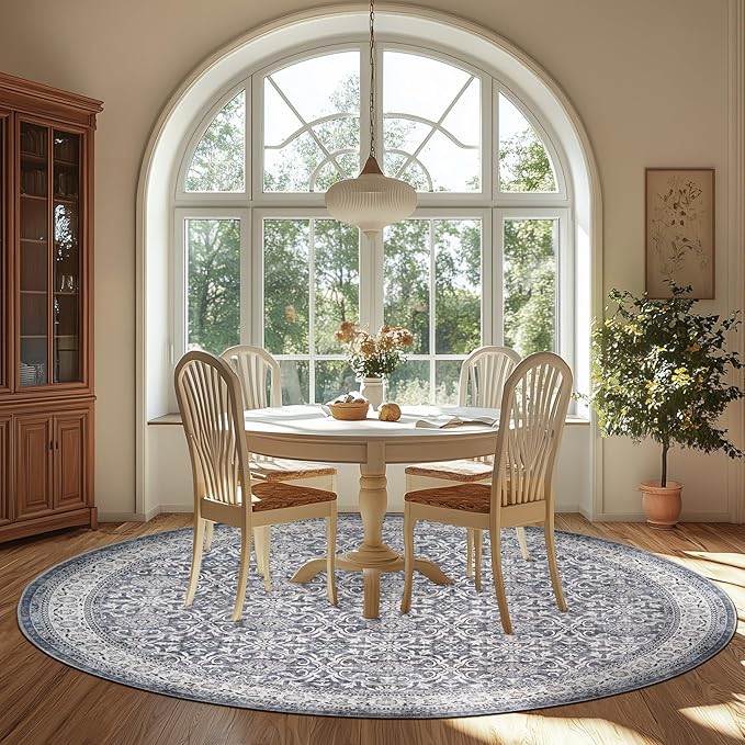 jinchan Round Rug 8ft Washable Circle Soft Rug - Low Pile Vintage 8'Round Indoor Grey Floral Print Stain Resistant Boho Carpet Ultra-Thin Non-Slip for Living Room Bedroom Dining Room Kitchen