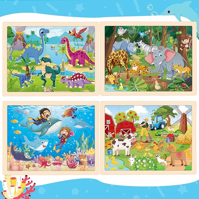 4 Packs Puzzles for Kids Ages 4-6, Wooden Animals Jigsaw Puzzles for Toddlers Ages 2-4, Preschool Educational Puzzles Boards Toys Gifts for 3 4 5 6 Boys Girls