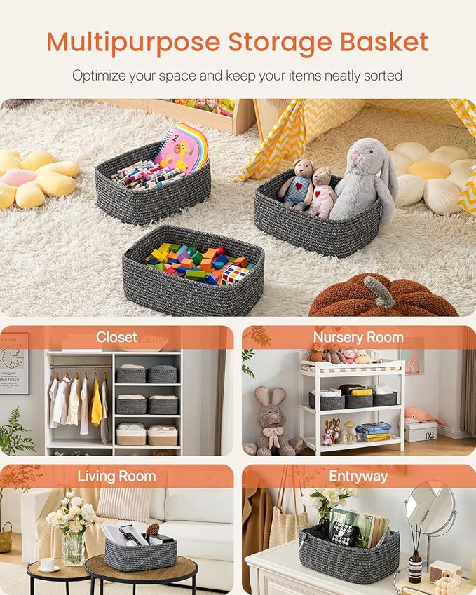 KALLAX Small Woven Basket, 13.5 x 9.5 x 5 Inches, Storage Basket for Organizing, Cute Small Rope Shelf Closet Cube Storage Bins Baskets for Shelves, Dog Toy Gift Baskets Empty, 3 Pack Mixed Black