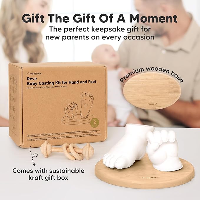 KeaBabies Baby Casting Kit Hands and Feet Mold - 3D Newborn Hand Casting Kit & Stylish Wood Base, Easy DIY Infant Foot Molds 0-9 Months, BPA-Free Baby Keepsake, Shower Gifts for Moms (Oval, Ash Wood)
