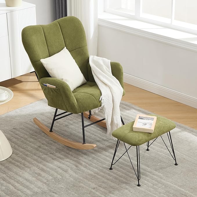 KEEZY Nursery Rocking Chair with Stool Upholstered Glider Rocker Rocking Accent Chair Padded Seat with High Backrest Armchair Comfy Side Chair for Living Room Bedroom Offices (Green)