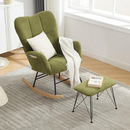 KEEZY Nursery Rocking Chair with Stool Upholstered Glider Rocker Rocking Accent Chair Padded Seat with High Backrest Armchair Comfy Side Chair for Living Room Bedroom Offices (Green)