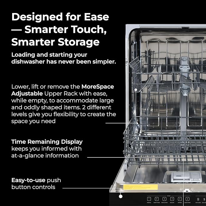 Kenmore 24" Built-in Stainless Steel Tub Dishwasher SmartWash, UltraWash, SmartDry Plus, MoreSpace Adjustable Rack and Leak Detect, Energy Star Certified, Black
