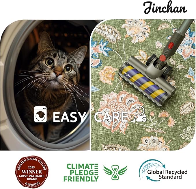 jinchan Floral Corner Rug for Living Room Washable Bedroom Rug Vintage Romance Design Non Slip Quarter Circle Lightweight Low-Pile Throw Carpet for Reading Nook Playroom,7ft Radius, Green