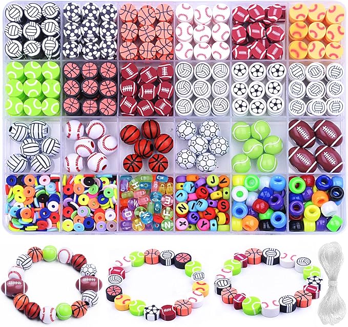 1000PCS Sports Ball Polymer Clay Beads Charms for Friendship Bracelets Making Kit Cute Fun Beads DIY Arts Crafts Birthday Gifts for Kids Girls Baseball Basketball Soccer Rugby Volleyball Football Bead