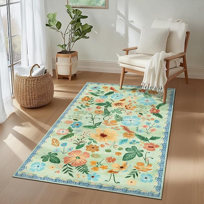 3x5 Rug for Living Room Washable Non Slip with Rubber Backing Soft Faux Fur Low Pile Stain Resistant Small Area Rug 3x5 Boho Vintage Floral Carpet Rug for Bedroom Kitchen Entrance，Green