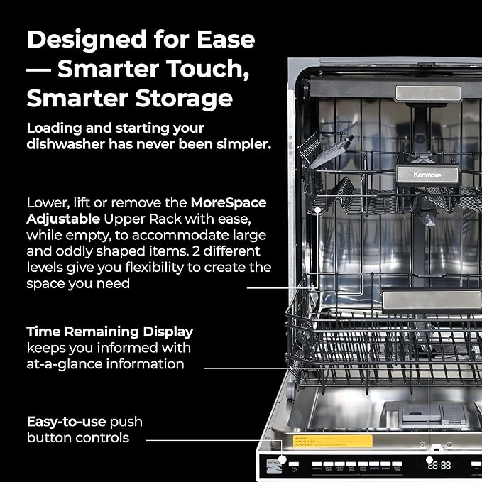 Kenmore 22-14625 24" Built-In Dishwasher - Quiet Tub with TurboDry, Leak, & SmartWash Soil Detection - 15 Place Settings - 49 DBA - ENERGY STAR Certified - Fingerprint Resistant Stainless Steel