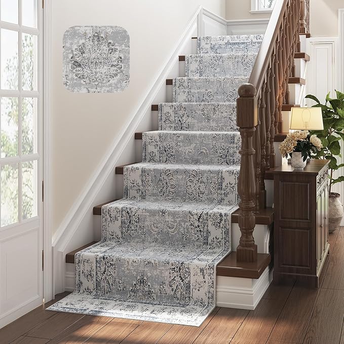 jinchan Hallway Runner Rug 3x8 Machine Washable Runner Rug Grey Vintage Floral Design Non-Slip Low Pile Ultra-Thin for Kitchen Laundry Room Bedroom Farmhouse (3‘x8',Grey)