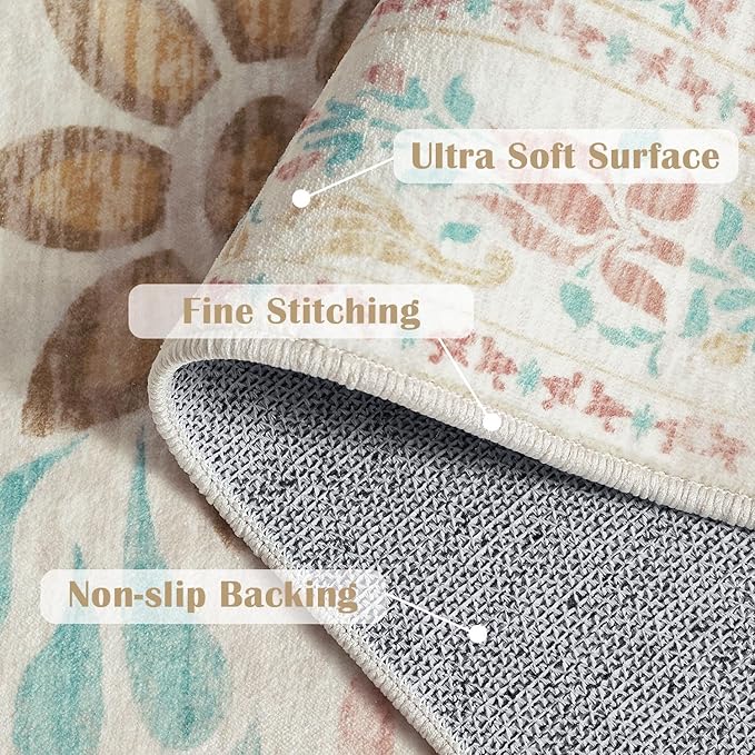 jinchan Vintage Floral 3x5 Area Rugs for Entryway - Machine Washable Distressed Design Ultra-Thin Low-Pile Soft Non-Shedding Carpet for Kitchen Bedroom Laundry Living Room (3x5ft,Apricot Multi)