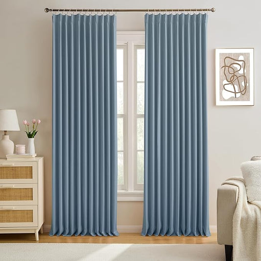 KEQIAOSUOCAI Pinch Pleated Blackout Curtain Drapes for Window 108" L - Triple Weave Energy Saving Thermal Room Divider Blackout Panels for Patio (72" Wide per Panel, 2 Panels, Dusty Blue)