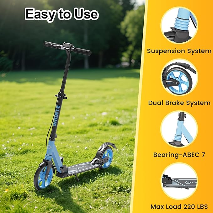 Kick Scooter for Kids Teens & Adults, 4 Adjustable Heights, 8IN All Terrain Big Wheels, Dual Brakes & Dual Suspension, Foldable and Lightweight, Gifts for Girls Boys