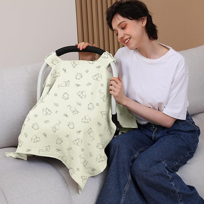 100% Muslin Cotton Car Seat Cover Baby, Carseat Canopy Cover, Universal Fit Stroller Covers for Boys and Girls (Cute Elephant)