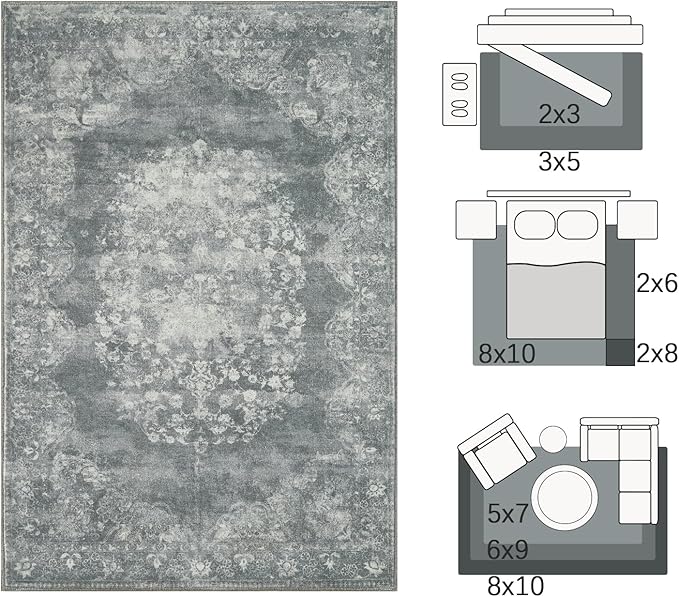 jinchan Washable Area Rug 6x9 for Living Room - Soft Faux Wool Ultra-Thin Stain Resistant Non-Slip Distressed Vintage Floral Rug Large Carpet for Bedroom,Dining Room,Home Office,Nursery(Grey, 6'x9')