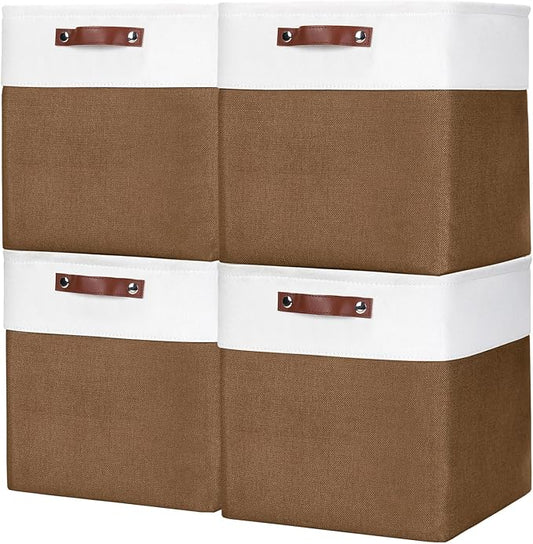 13x13 Cube Storage Bins, Collapsible Fabric Storage Box, 4 Pack Closet Baskets with Handles for Organizing, Shelf, Toys, Clothes, Home, Office, Nursery (Brown&White)
