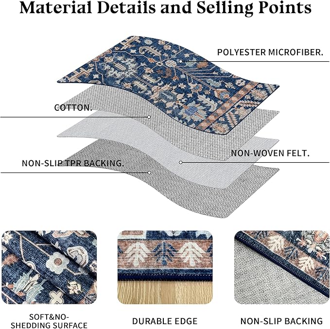 10x14 Area Rug Washable: Oriental Soft Area Rug for Living Room Bedroom No Shedding - Low Pile Thin Carpet Rug for Dining Room Non Slip - Boho Vintage Rug for Home Decor - Navy Blue