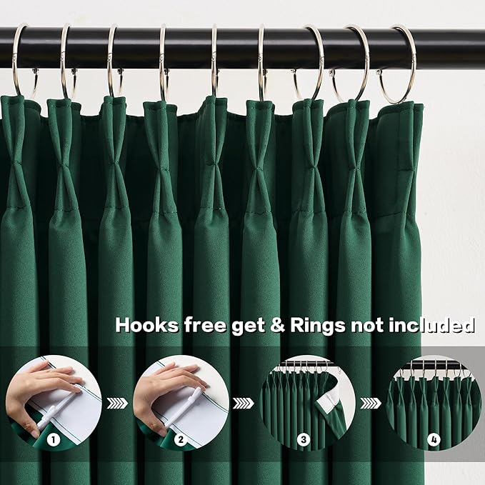 KEQIAOSUOCAI 92 Inch Dark Green Pinch Pleated Blackout Curtains for Living Room - Summer Decor Thermal Insulated Christmas Green Track Curtain with Hooks，40 x 92 Inches Long-2 Panels Set